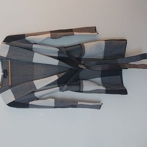 Rachel Zoe Hooded Belted Open Front Cardigan Black/Gray Plaid Size XS